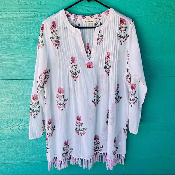 Roller Rabbit Tops - ROLLER RABBIT Pink White Fringe Arelle Ziva Tunic Top $148 Retail SIZE MEDIUM